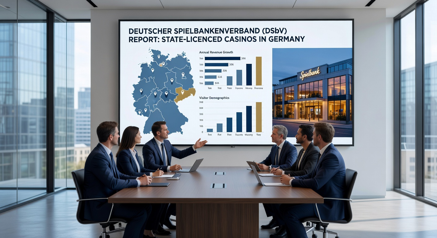 Szene aus einem modernen deutschen Casino mit Spielautomaten und Besuchern, die den Boom illustrieren