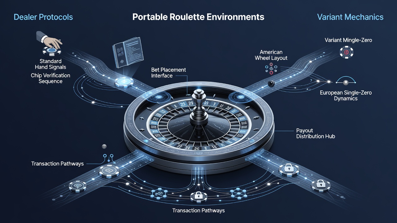Darstellung mobiler Roulette-Systeme mit Händlerinteraktionen und Transaktionsflüssen