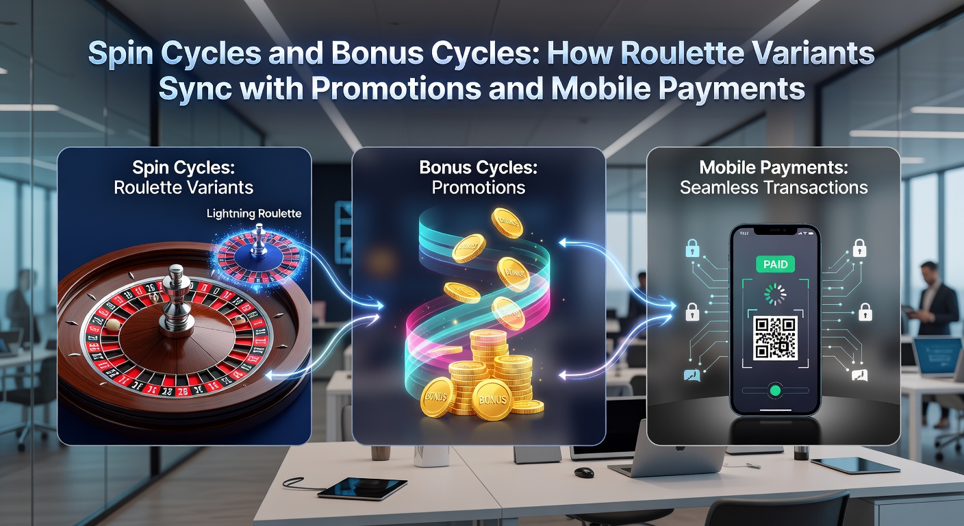 Illustration von Roulette-Varianten mit integrierten Bonus- und Spin-Zyklen, umgeben von Smartphone-Zahlungsoptionen und Promotions-Bannern